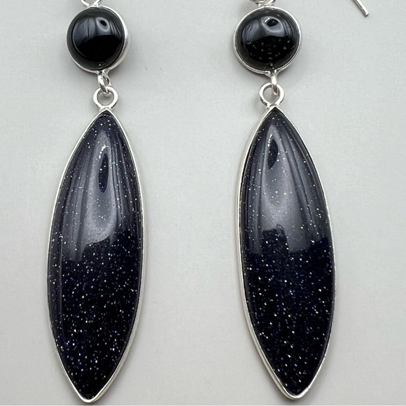 New Blue Sandstone w Black Onyx Long Silver Overlay Hook Earrings - Picture 2 of 5